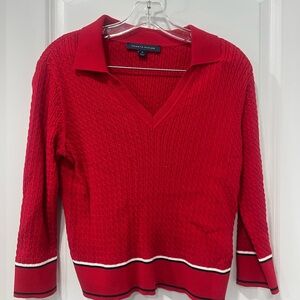 Tommy Hilfiger Red V‑Neck Cable Knit Polo Sweater with Contrast Trim
